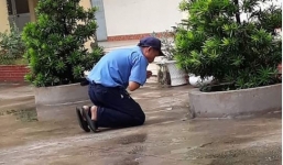 Hình ảnh bác bảo vệ quỳ lạy 'khấn' cho học sinh toàn trường đỗ tốt nghiệp 'gây bão'