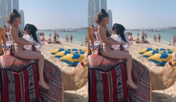 Ngọc Trinh diện bikini, cưỡi lạc đà cùng trai đẹp 6 múi trên bãi biển Dubai