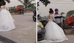 Dù bận cưới nhưng cô dâu xách váy cưới chạy đi gặp shipper, quyết không bom hàng