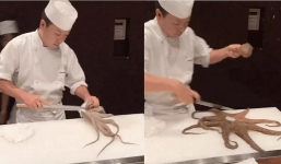 Đầu bếp Nhật múa dao làm món bạch tuộc sống chỉ trong chớp mắt khiến thực khách trầm trồ