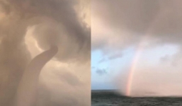 Vòi rồng và cầu vồng hiếm gặp cùng lúc xuất hiện trên biển Cửa Lò