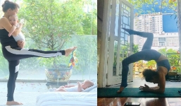Dân mạng tranh cãi hành động mẹ Hồ Ngọc Hà vừa bế cháu vừa tập yoga