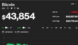 Giá bitcoin hôm nay 21/9: Sụt giảm cực sâu, xuống dưới 42.000 USD