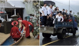 Lên ngày cưới xong thì 'dính' lũ, cô dâu chú rể quyết định rước râu bằng thuyền và xe tải