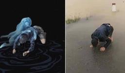 Bức vẽ họa lại hình ảnh chồng quỳ lạy khi vợ bị nước cuốn trôi: Chi tiết khiến cộng đồng mạng càng thêm đau xót