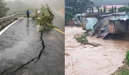 Bão số 9 khiến Kon Tum mưa lớn, buộc hồ thủy điện xả lũ khiến đường quốc lộ nứt, hỏng nặng nề