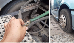 Đỗ trước cửa quán cơm rồi đi ăn phở, tài xế bàng hoàng khi xe bị xì lốp, cắt nát dây điện