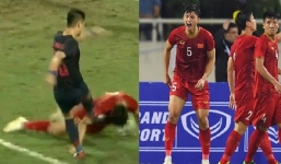 Đoàn Văn Hậu chơi lăn xả, dùng mặt cản phá cú sút của tiền đạo Thái Lan