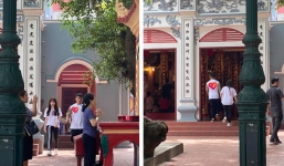 Quang Hải và Huỳnh Anh lần đầu xuất hiện sau lùm xùm, tay trong tay đi lễ Phủ Tây Hồ