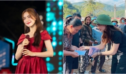 Clip ấm lòng: Hòa Minzy đội mũ cối đi dép rọ, cúi người lễ phép trao quà từ thiện cho bà con 