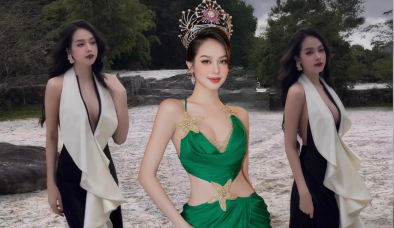 Thanh Thủy diện váy xẻ sát rốn, thả rông vòng 1 khiến fan sắc đẹp rần rần: Thi quốc tế thôi!