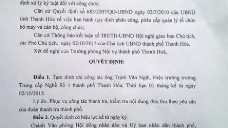 Tạm đình chỉ 1 tháng hiệu trưởng trường Trung cấp Nghề số 1