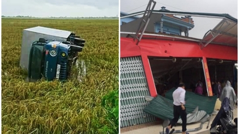 Lốc xoáy kinh hoàng giật phăng nhiều mái nhà, cuốn ô tô xuống ruộng 