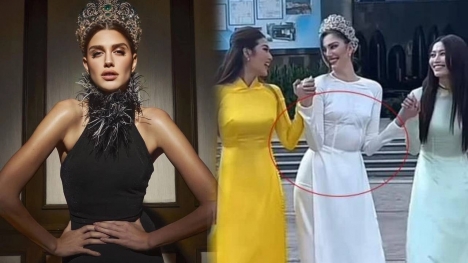 Miss Grand International vừa đến Việt Nam đã gặp phải tình cảnh ngượng ngùng khi mặc áo dài