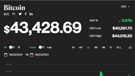 Giá bitcoin hôm nay 23/9: Tăng trở lại, tiến lên mốc 43.000 USD 