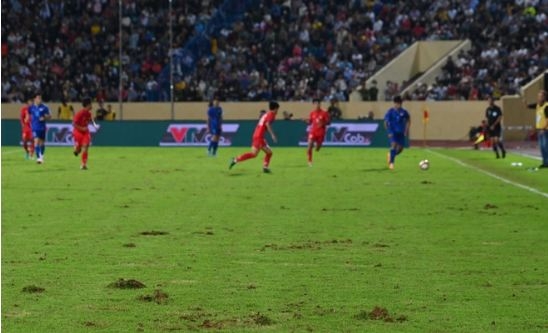 Mặt cỏ sân Thiên Trường bị xuống cấp sau thời gian dài sử dụng. Ảnh: Internet