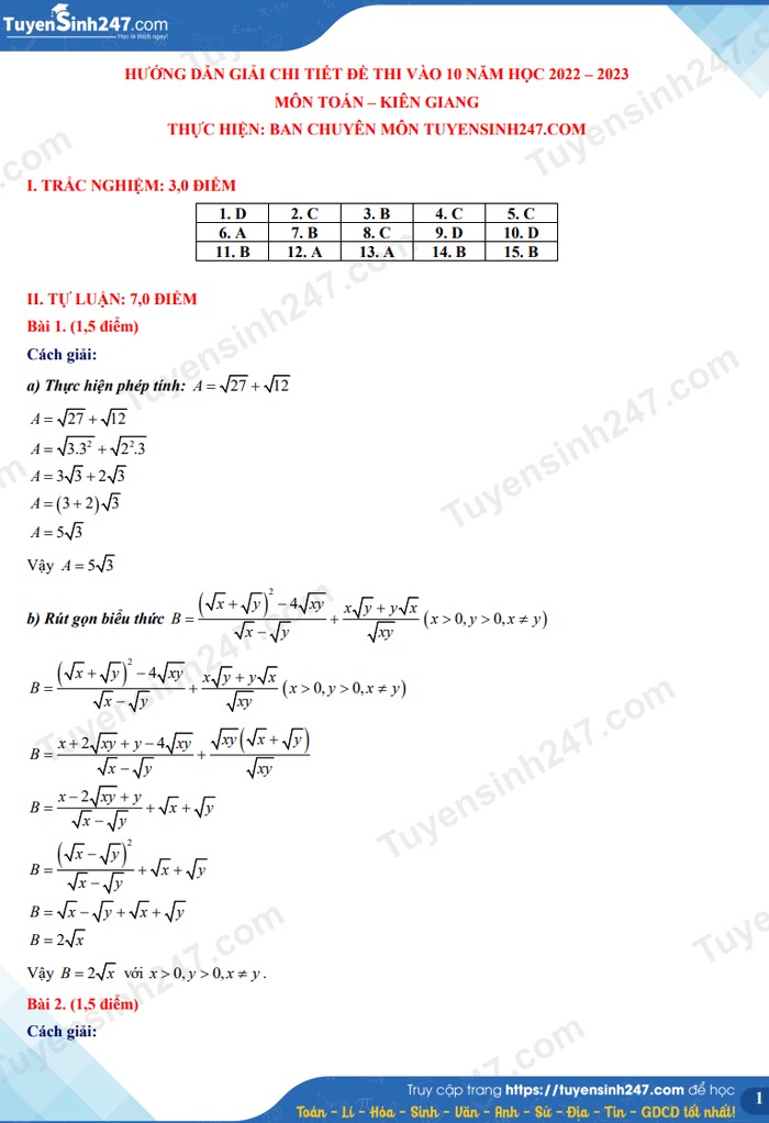 Đáp án đề thi môn Toán tuyển sinh lớp 10 tỉnh Kiên Giang năm 2022 nhanh nhất