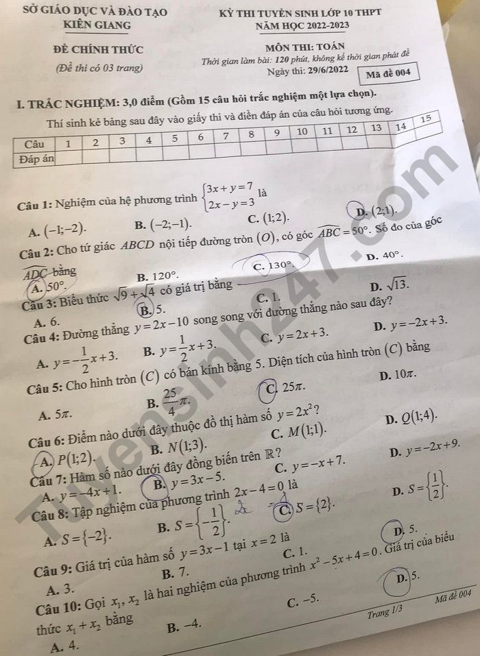 Đáp án đề thi môn Toán tuyển sinh lớp 10 tỉnh Kiên Giang năm 2022 nhanh nhất