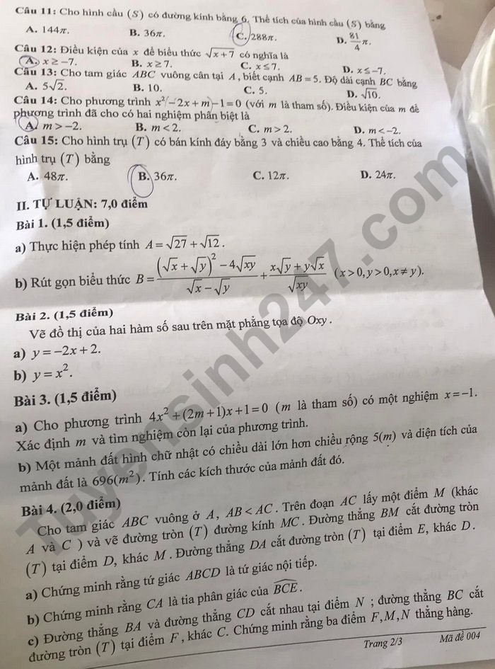 Đáp án đề thi môn Toán tuyển sinh lớp 10 tỉnh Kiên Giang năm 2022 nhanh nhất - Ảnh 1