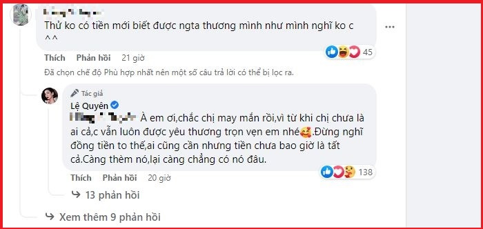 Lệ Quyên phản ứng đầy thâm thúy khi bị antifan mỉa mai 'có tiền người ta mới thương' - Ảnh 1 Lệ Quyên phản ứng đầy thâm thúy khi bị antifan mỉa mai 'có tiền người ta mới thương' - Ảnh 1