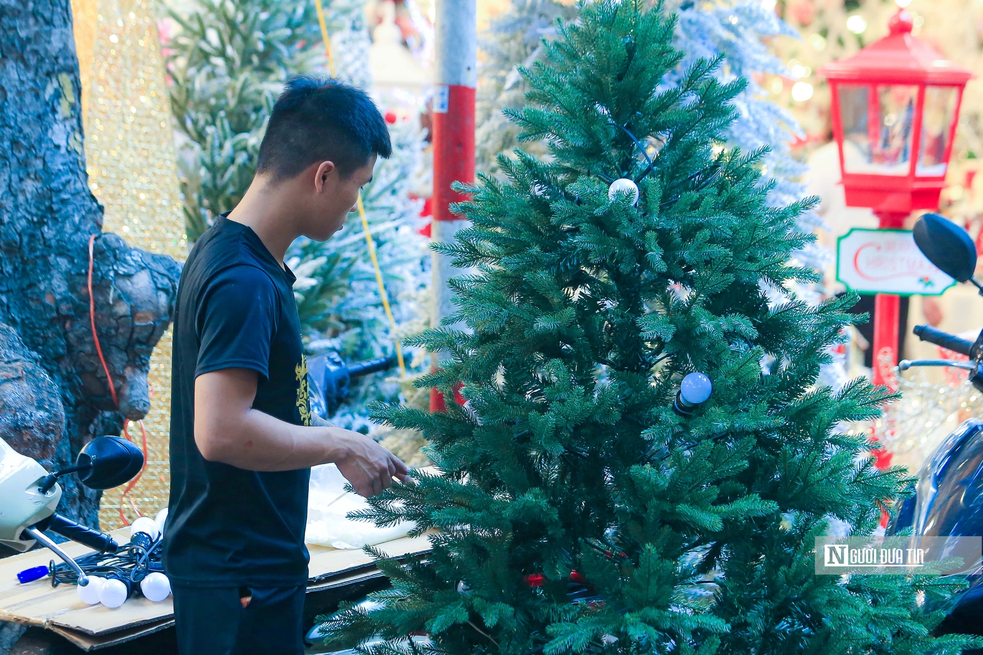 Nhân viên các cửa hàng trang trí cây thông, ông già Noel để thu hút khách hàng.