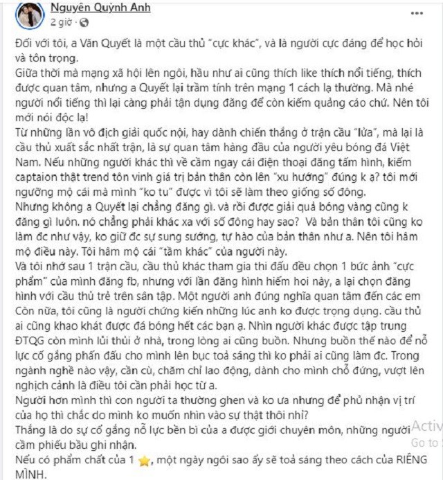Vợ Duy Mạnh đăng đàn cực gắt bảo vệ khi anh rể Văn Quyết bị 'ném đá' vì nhận Quả bóng Vàng - Ảnh 1 Vợ Duy Mạnh đăng đàn cực gắt bảo vệ khi anh rể Văn Quyết bị 'ném đá' vì nhận Quả bóng Vàng - Ảnh 1