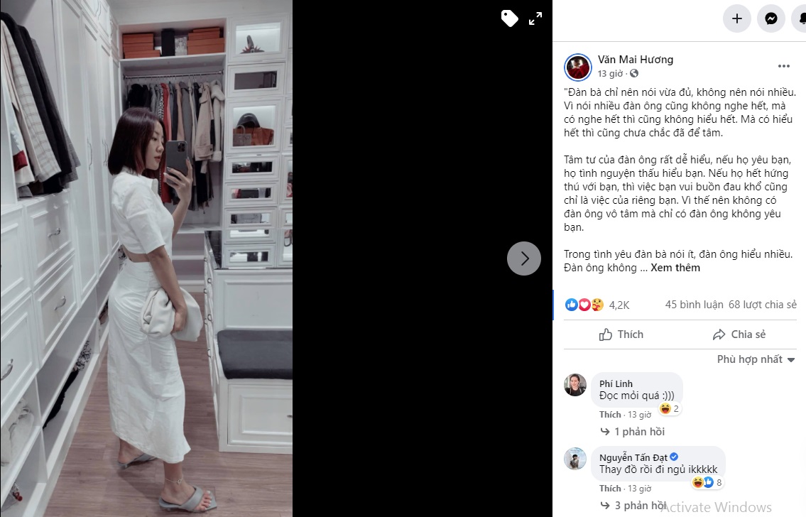 Văn Mai Hương triết lý về tình yêu, ủng hộ quan điểm khi đã hết yêu thì nên buông đôi tay nhau ra. Ảnh internet