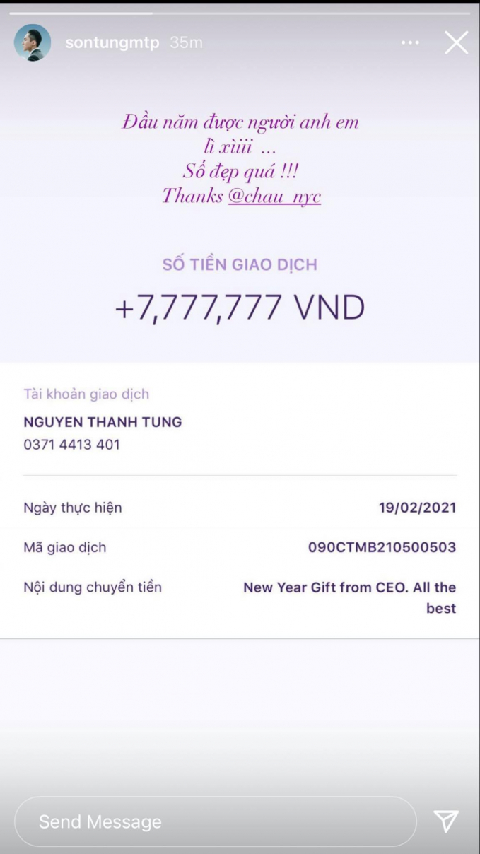Mặc gà cưng Hải Tú gặp vận đen, Sơn Tùng ung dung khoe nhận được lì xì khủng. Ảnh internet Mặc gà cưng Hải Tú gặp vận đen, Sơn Tùng ung dung khoe nhận được lì xì khủng. Ảnh internet