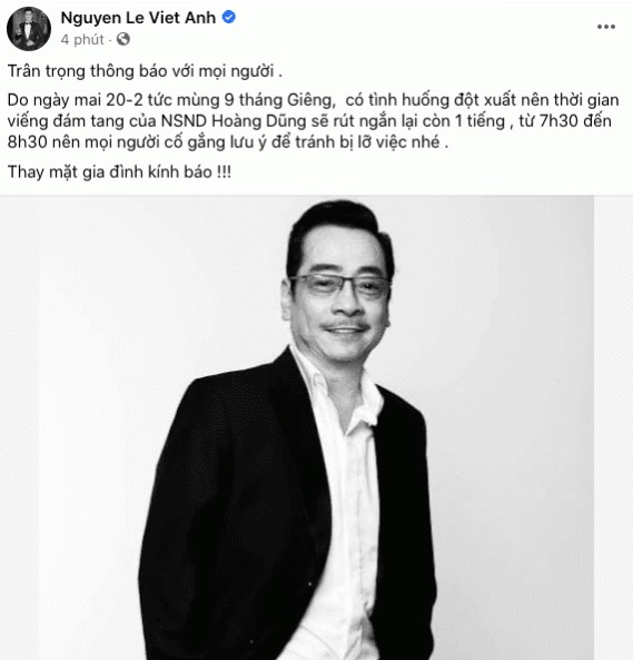 Tang lễ NSND Hoàng Dũng có thay đổi đột xuất so với thông báo ban đầu. Ảnh internet Tang lễ NSND Hoàng Dũng có thay đổi đột xuất so với thông báo ban đầu. Ảnh internet