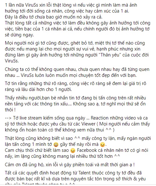 ViruSs viết tâm thư 'dài như sớ' bênh vực Thùy Chi khi bị cho là mượn danh Sơn Tùng M-TP. Ảnh FBNV ViruSs viết tâm thư 'dài như sớ' bênh vực Thùy Chi khi bị cho là mượn danh Sơn Tùng M-TP. Ảnh FBNV