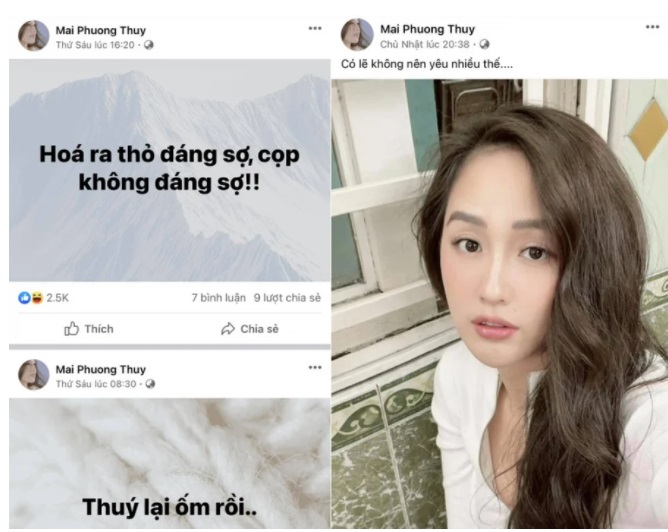 Mai Phương Thúy liên tục gây chú ý bằng những dòng trạng thái buồn bã. Ảnh FBNV