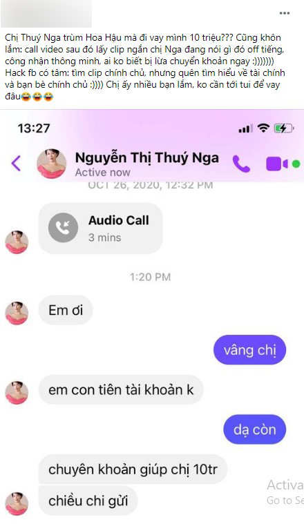Kẻ gian hack Facebook của bà Thúy Nga để lừa đảo, vay tiền. Ảnh FBVN Kẻ gian hack Facebook của bà Thúy Nga để lừa đảo, vay tiền. Ảnh FBVN
