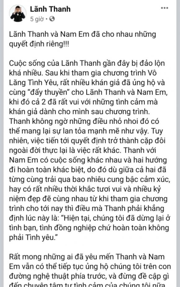 Lãnh Thanh công khai chuyện chia tay Nam Em trước 'bàn dân thiên hạ'. Ảnh FBNV Lãnh Thanh công khai chuyện chia tay Nam Em trước 'bàn dân thiên hạ'. Ảnh FBNV