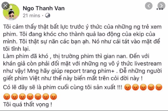 Ngô Thanh Vân từng bất lực khi đứa con tinh thần bị quay trộm. Ảnh FBNV
