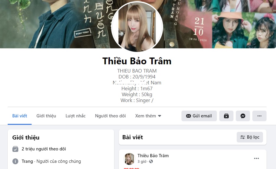 Facebook của Thiều Bảo Trâm tăng lên 2 triệu lượt theo dõi sau ồn ào. Ảnh chụp từ màn hình