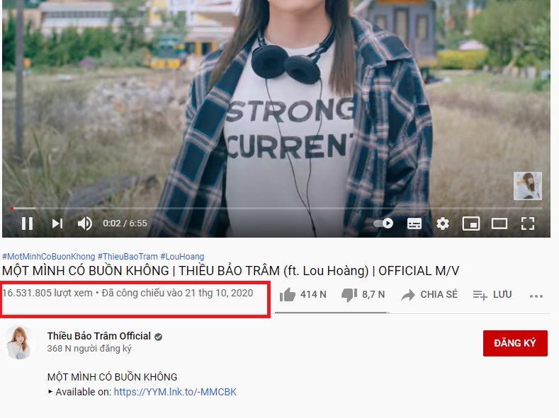 Thiều Bảo Trâm lập kỷ lục khi MV đạt tới 16 triệu view. Ảnh chụp từ màn hình