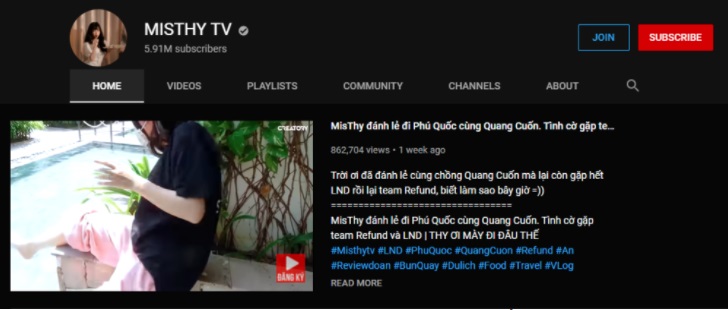 Kênh Youtube của Misthy sở hữu gần 6 triệu lượt theo dõi. Ảnh chụp từ màn hình Kênh Youtube của Misthy sở hữu gần 6 triệu lượt theo dõi. Ảnh chụp từ màn hình