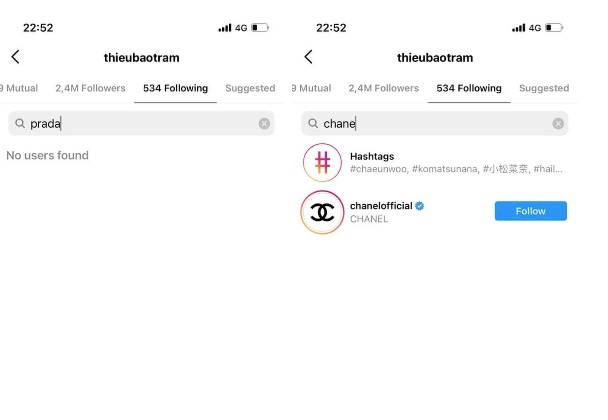 Thiều Bảo Trâm thẳng tay unfollow Prada và chuyển sang follow Chanel, bỏ đi những món đồ gắn bó thời còn hẹn hò với Sơn Tùng. Ảnh chụp từ màn hình
