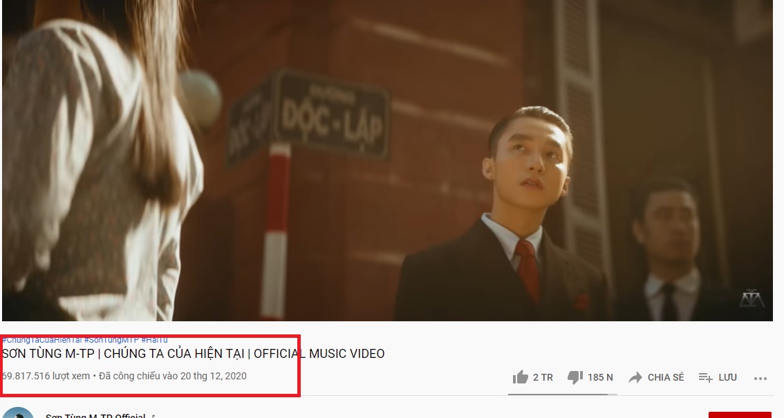 MV 'Chúng ta của hiện tại' kết hợp với gà cưng Hải Tú gần cán mốc 70 triệu lượt xem. Ảnh chụp từ màn hình