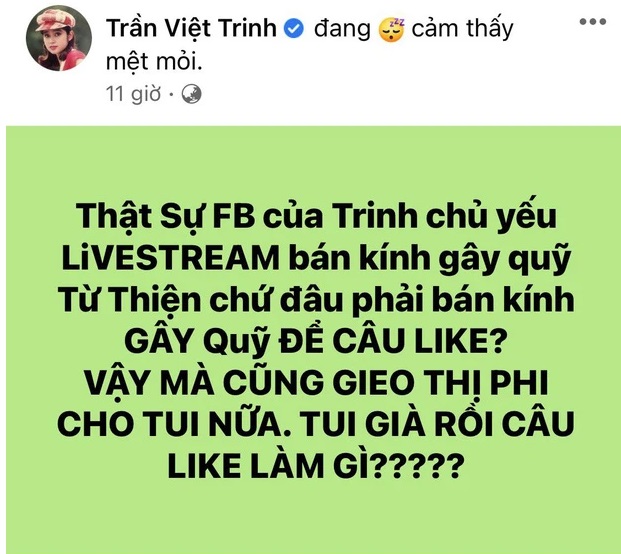 'Người đẹp Tây Đô' Việt Trinh đăng đàn xin được sống bình yên khi bị cho rằng bán hàng gây quỹ từ thiện để câu like, câu view. Ảnh chụp từ màn hình 'Người đẹp Tây Đô' Việt Trinh đăng đàn xin được sống bình yên khi bị cho rằng bán hàng gây quỹ từ thiện để câu like, câu view. Ảnh chụp từ màn hình
