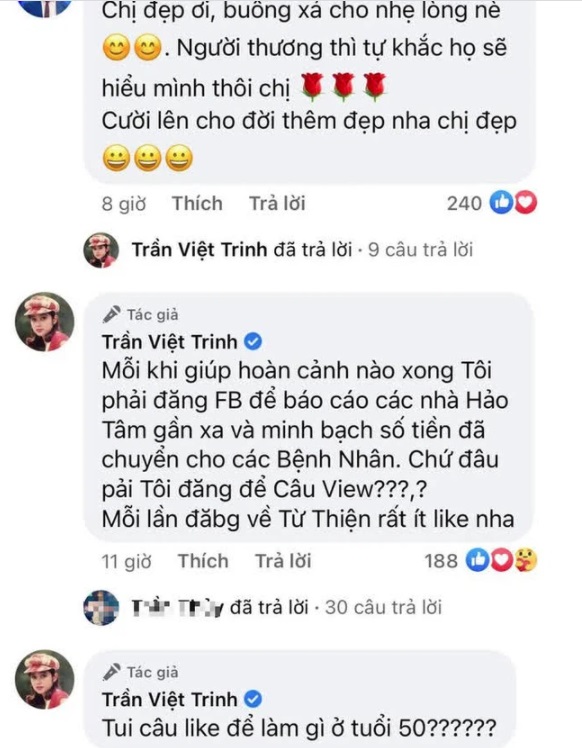 Dường như Việt Trinh rất bức xúc khi lòng tốt của mình bị hiểu lầm. Ảnh chụp từ màn hình Dường như Việt Trinh rất bức xúc khi lòng tốt của mình bị hiểu lầm. Ảnh chụp từ màn hình