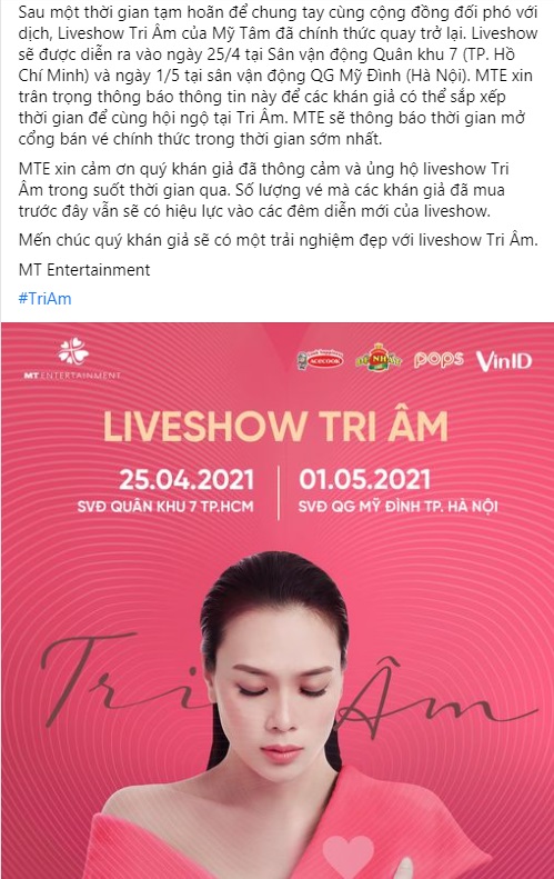 Mỹ Tâm thông báo tin vui khiến fan mất ăn mất ngủ chờ đợi. Ảnh FBNV Mỹ Tâm thông báo tin vui khiến fan mất ăn mất ngủ chờ đợi. Ảnh FBNV