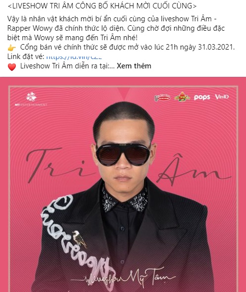 Nhân vật khách mời cuối cùng của liveshow Tri Âm chính là Rapper Wowy. Ảnh FBNV Nhân vật khách mời cuối cùng của liveshow Tri Âm chính là Rapper Wowy. Ảnh FBNV