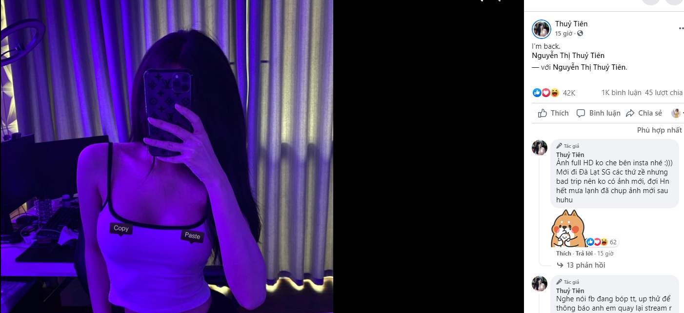 Giữa đêm, 'Thánh nữ áo 2 dây' Thủy Tiên thả nhẹ bức ảnh full HD không che khiến fan mất ngủ. Ảnh FBNV