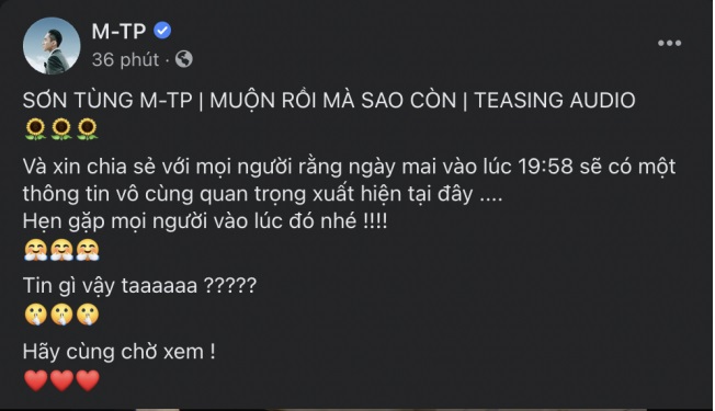 Sơn Tùng M-TP chính thức giới thiệu MV mới sắp ra lò khiến fan mất ngủ. Ảnh FBNV Sơn Tùng M-TP chính thức giới thiệu MV mới sắp ra lò khiến fan mất ngủ. Ảnh FBNV