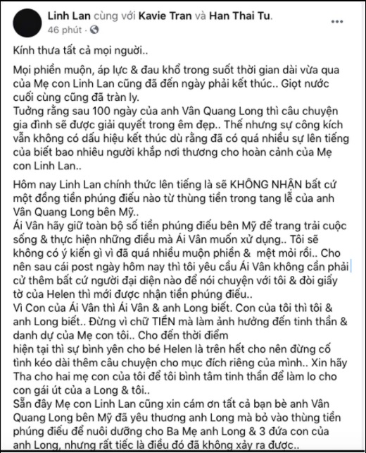 Linh Lan đăng đàn tố Ái Vân là người đứng sau mọi ồn ào. Ảnh FBNV Linh Lan đăng đàn tố Ái Vân là người đứng sau mọi ồn ào. Ảnh FBNV