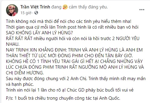 Việt Trinh nói rõ về mối quan hệ oan trái gây hiểu nhầm với Lý Hùng suốt nhiều năm qua. Ảnh FBNV Việt Trinh nói rõ về mối quan hệ oan trái gây hiểu nhầm với Lý Hùng suốt nhiều năm qua. Ảnh FBNV