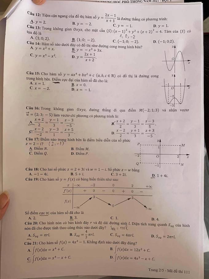 Đáp án đề thi môn Toán mã đề 124 tốt nghiệp THPT Quốc Gia năm 2021 đợt 2 - Ảnh 2 Đáp án đề thi môn Toán mã đề 124 tốt nghiệp THPT Quốc Gia năm 2021 đợt 2 - Ảnh 2