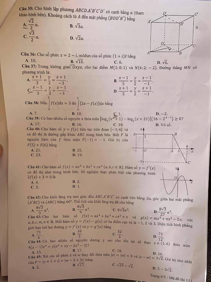 Đáp án đề thi môn Toán mã đề 124 tốt nghiệp THPT Quốc Gia năm 2021 đợt 2 - Ảnh 3 Đáp án đề thi môn Toán mã đề 124 tốt nghiệp THPT Quốc Gia năm 2021 đợt 2 - Ảnh 3