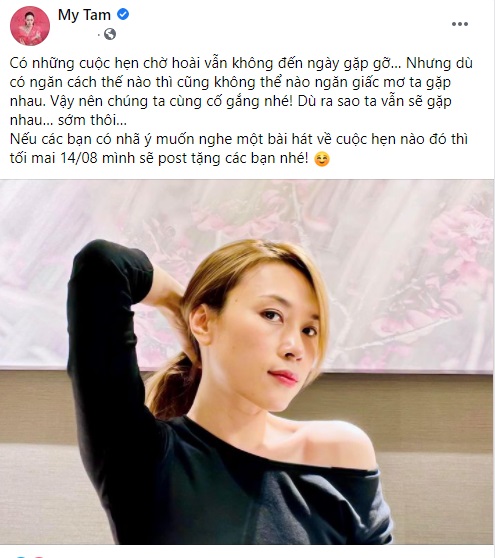 Mỹ Tâm công khai 'hẹn hò' sau bao ngày vắng bóng khiến fan xốn xang chờ tin vui. Ảnh FBNV Mỹ Tâm công khai 'hẹn hò' sau bao ngày vắng bóng khiến fan xốn xang chờ tin vui. Ảnh FBNV